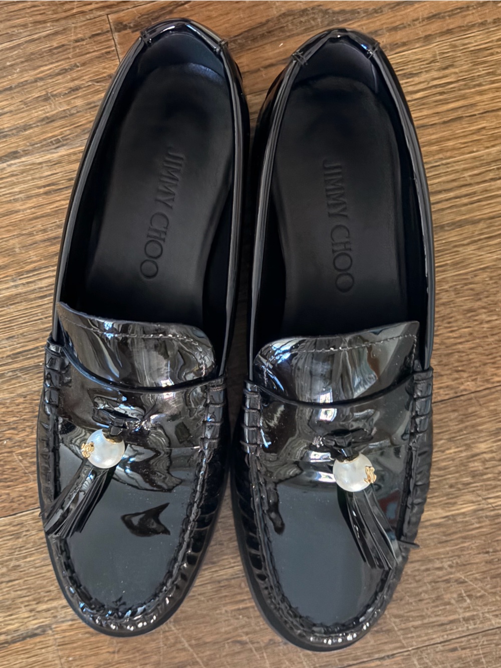 Jimmy Choo Addie Black Patent Leather Tassel Loafers Size 39